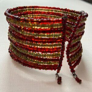 Wide Cuff Bracelet with Layered Gold and Red Beads